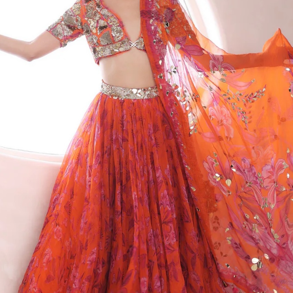 Vibrant Orange Floral Lehenga Choli